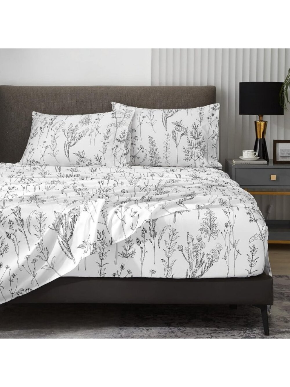 Floral Deep Pocket Queen Sheet Set - Black & White Bedding for Comfort & Style